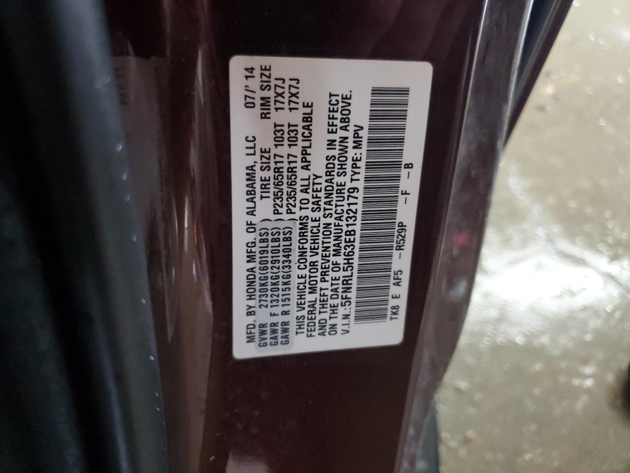 2014 Honda Odyssey VIN 5FNRL5H63EB132179 Copart auction photo, front end damage thumbnail 14