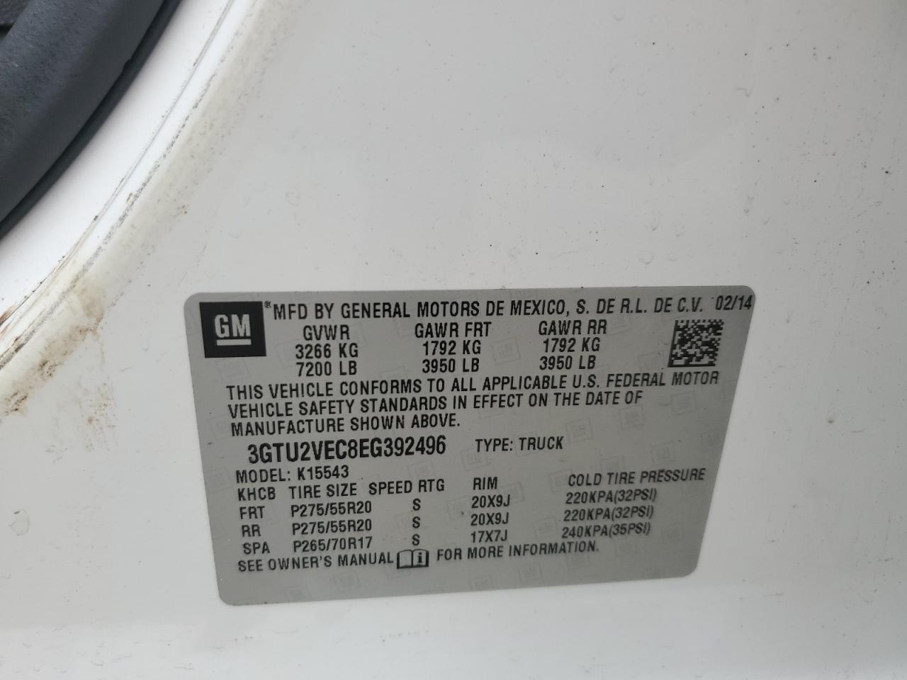2014 GMC Sierra VIN 3GTU2VEC8EG392496 Copart auction photo, front end damage thumbnail 14