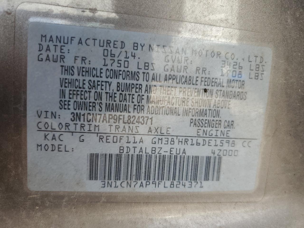 2015 Nissan Versa VIN 3N1CN7AP9FL824371 Copart auction photo, front end damage thumbnail 12