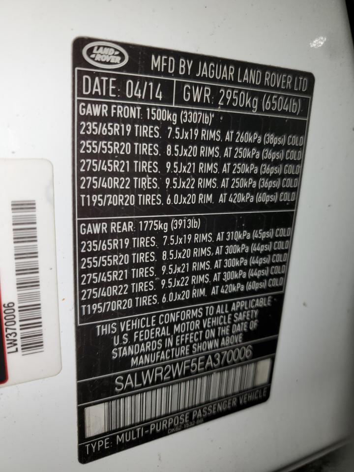 2014 Land Rover Range Rover VIN SALWR2WF5EA370006 Copart auction photo, front end / side damage thumbnail 13