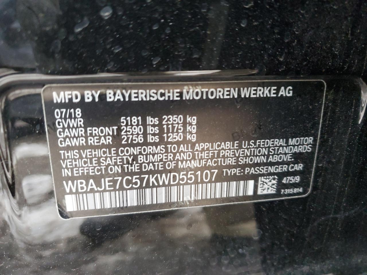 2019 BMW 5er VIN WBAJE7C57KWD55107 Copart auction photo, side / minor dent/scratches damage thumbnail 13