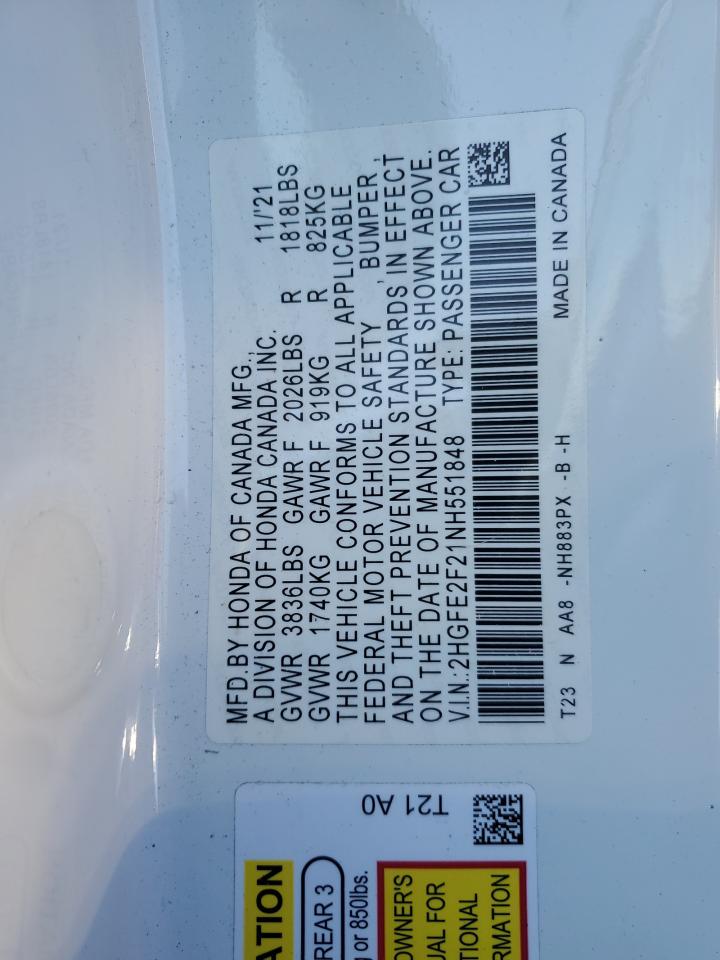2022 Honda Civic VIN 2HGFE2F21NH551848 Copart auction photo, front end damage thumbnail 12