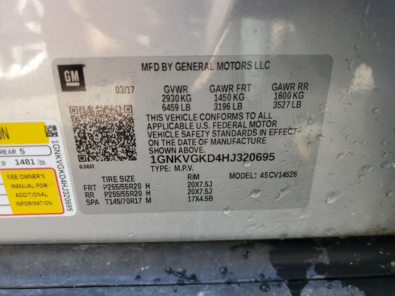 2017 Chevrolet Traverse VIN 1GNKVGKD4HJ320695 Copart auction photo, front end damage thumbnail 13