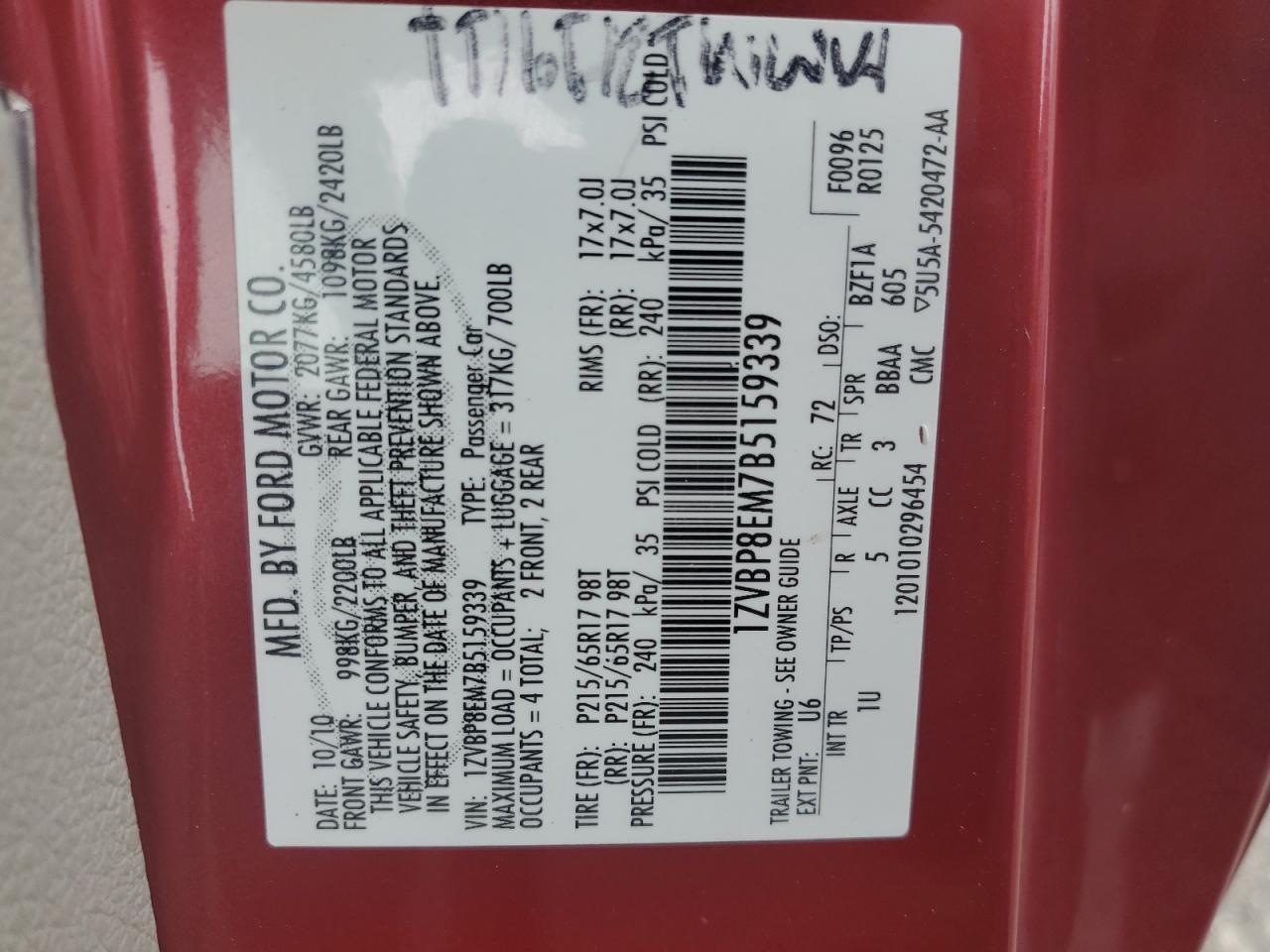 2011 Ford Mustang VIN 1ZVBP8EM7B5159339 Copart auction photo, front end damage thumbnail 13