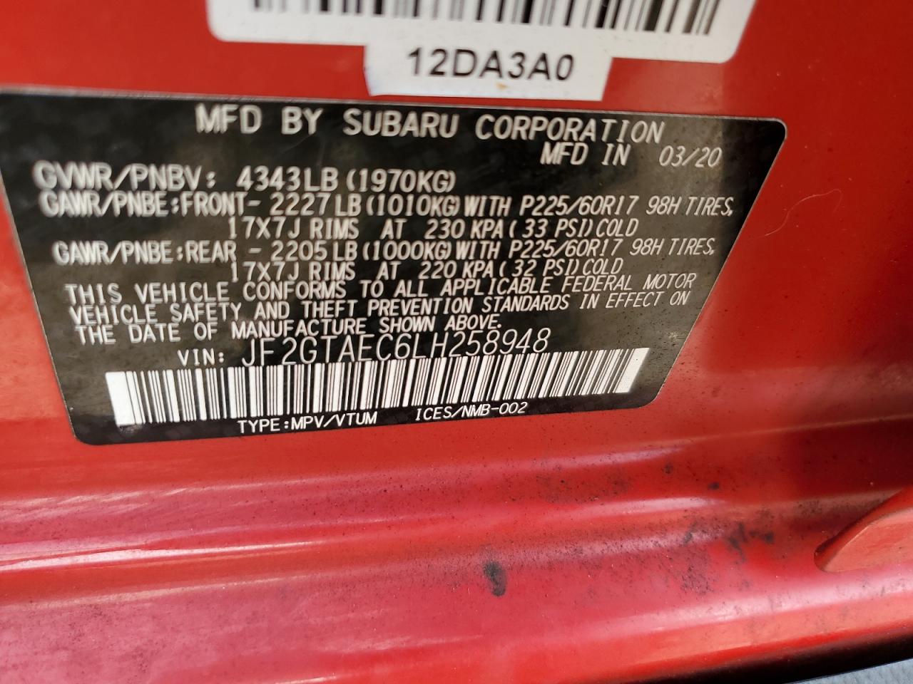 2020 Subaru XV VIN JF2GTAEC6LH258948 Copart auction photo, rear end damage thumbnail 14