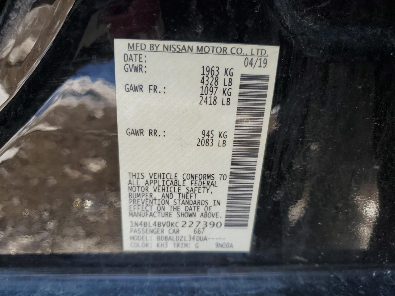 2019 Nissan Altima VIN 1N4BL4BV0KC227390 Copart auction photo, front end / minor dent/scratches damage thumbnail 14