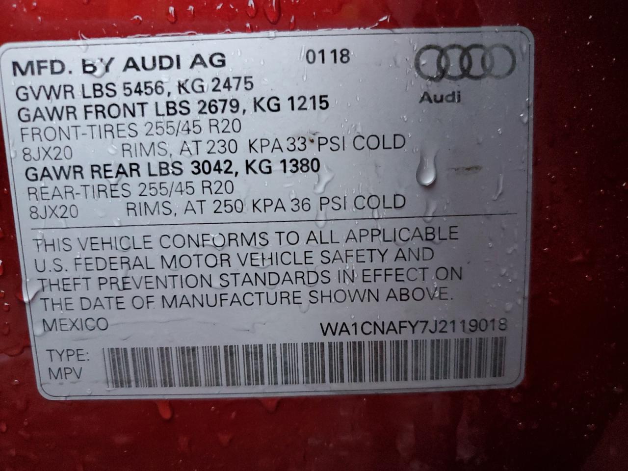 2018 Audi Q5 VIN WA1CNAFY7J2119018 Copart auction photo, rear end / side damage thumbnail 13
