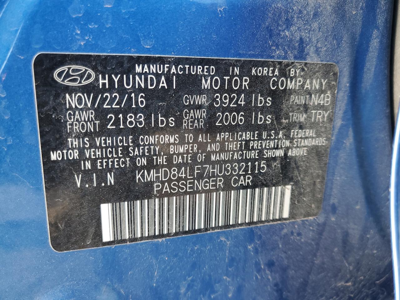 2017 Hyundai Elantra VIN KMHD84LF7HU332115 Copart auction photo, side damage thumbnail 12