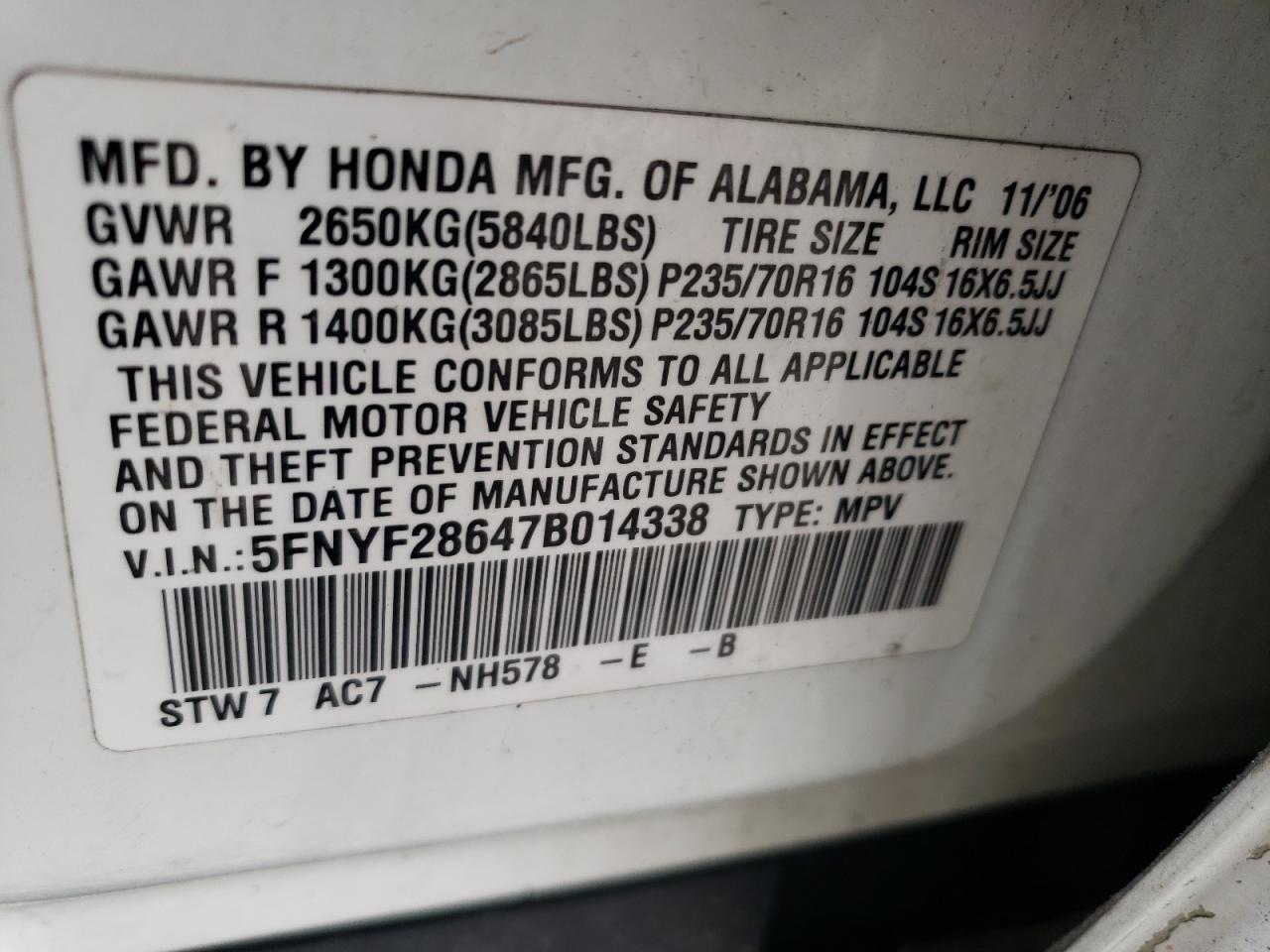 2007 Honda Pilot VIN 5FNYF28647B014338 Copart auction photo, front end / side damage thumbnail 15