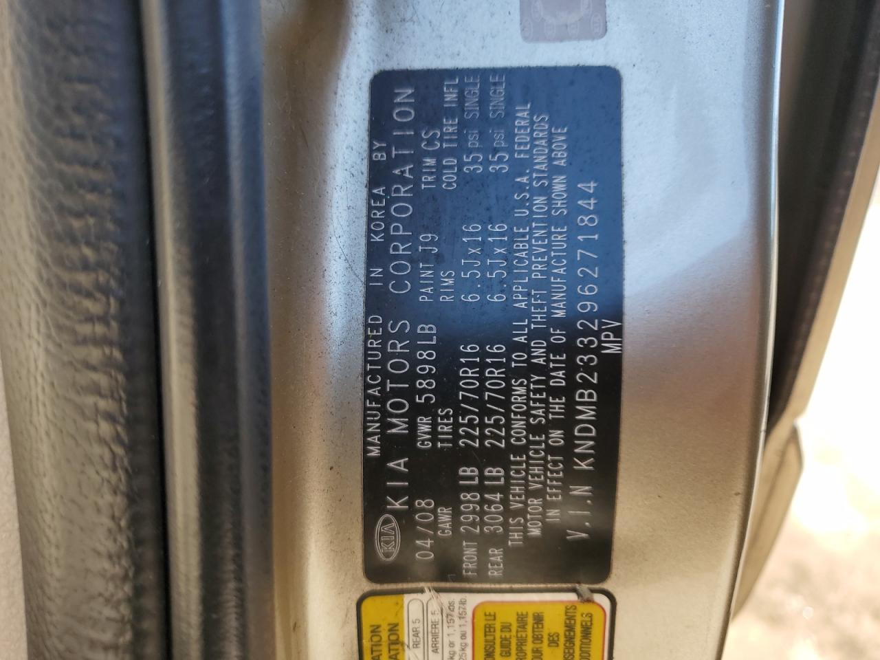 2009 KIA Sedona VIN KNDMB233296271844 Copart auction photo, front end / side damage thumbnail 15