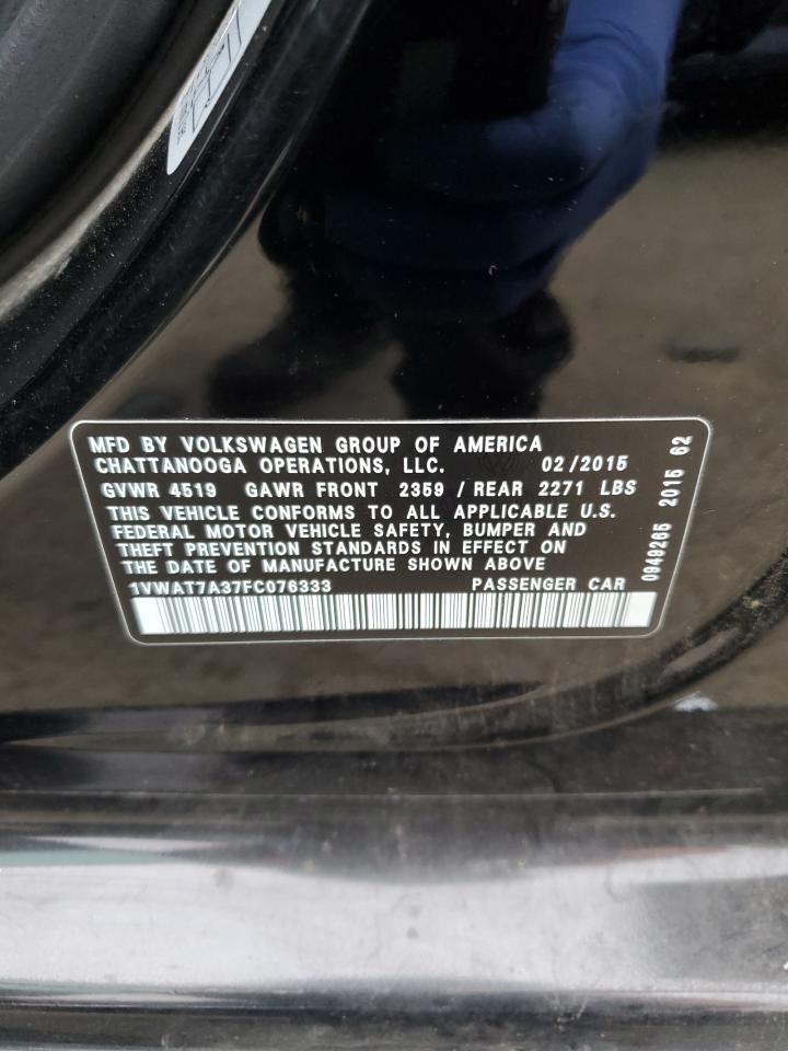 2015 Volkswagen Passat VIN 1VWAT7A37FC076333 Copart auction photo, front end damage thumbnail 12