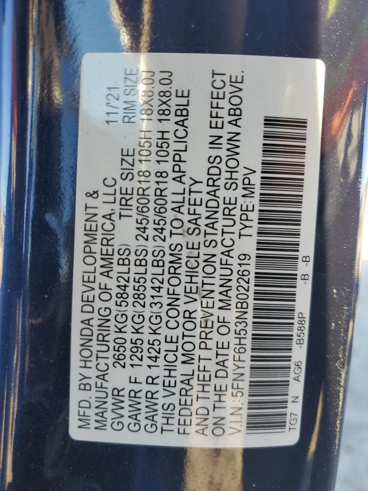 2022 Honda Pilot VIN 5FNYF6H53NB022619 Copart auction photo, all over damage thumbnail 15