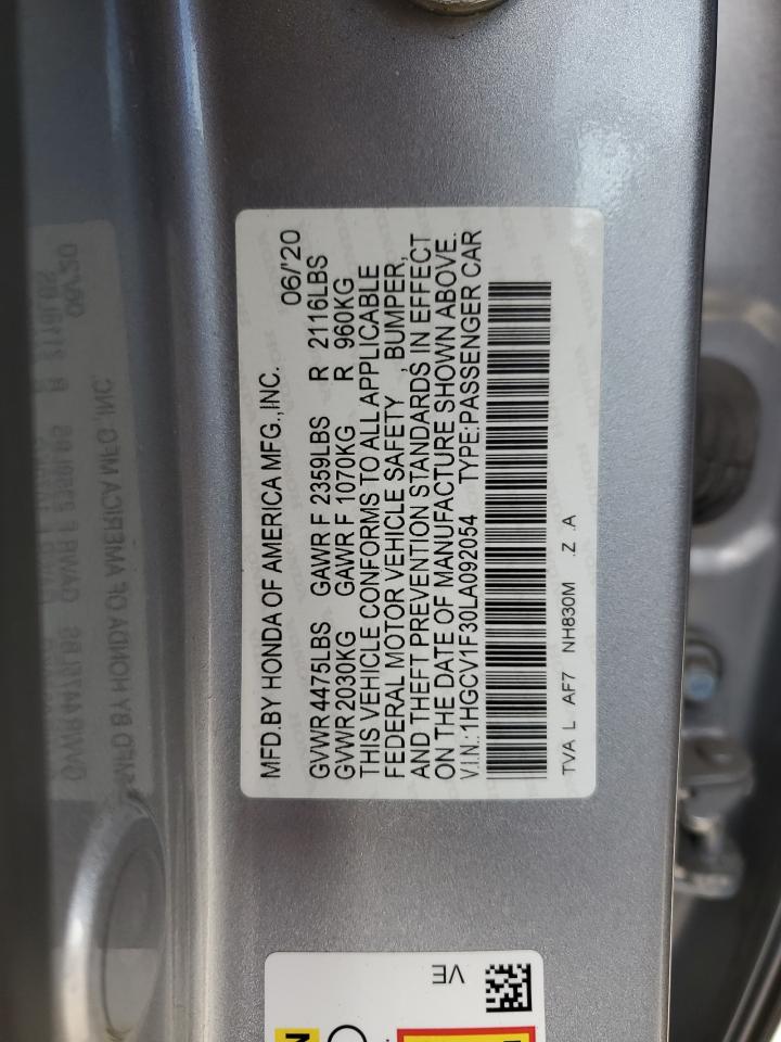 2020 Honda Accord VIN 1HGCV1F30LA092054 Copart auction photo, front end damage thumbnail 14