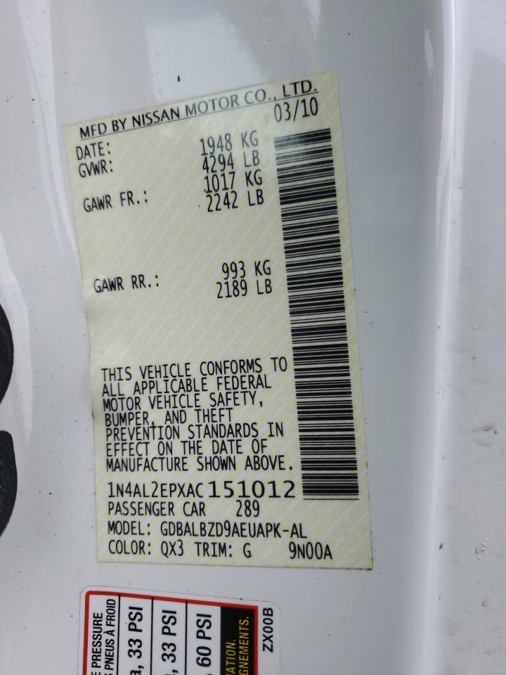 2010 Nissan Altima VIN 1N4AL2EPXAC151012 Copart auction photo, side / front end damage thumbnail 12