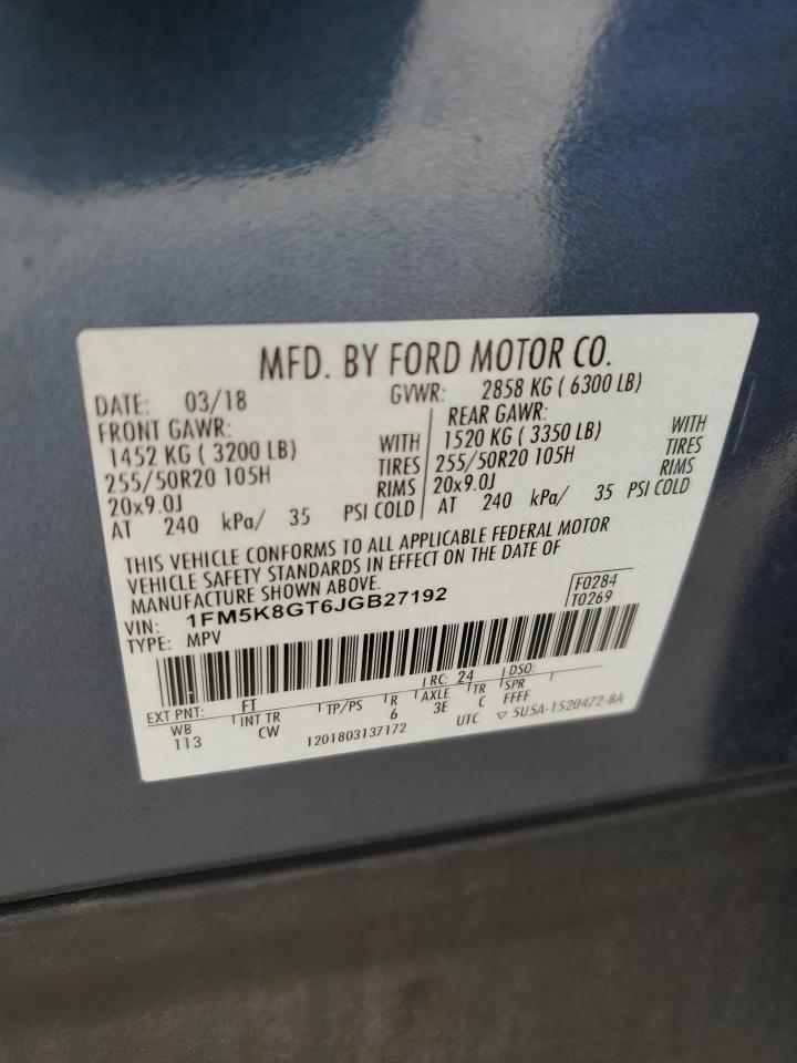 2018 Ford Explorer VIN 1FM5K8GT6JGB27192 Copart auction photo, rear end / minor dent/scratches damage thumbnail 14