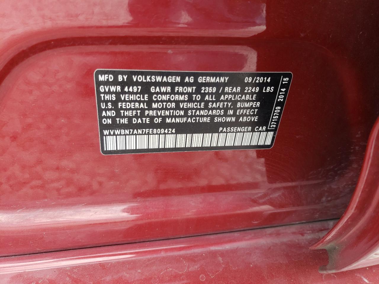2015 Volkswagen Passat CC VIN WVWBN7AN7FE809424 Copart auction photo, front end damage thumbnail 12