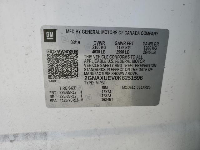 2019 Chevrolet Equinox VIN 2GNAXUEV0K6251596 Copart auction photo, front end / side damage thumbnail 14
