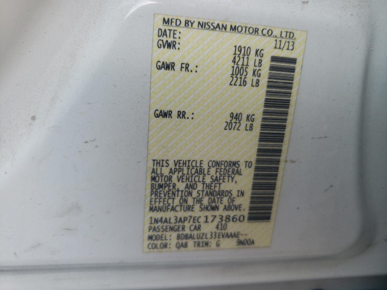 2014 Nissan Altima VIN 1N4AL3AP7EC173860 Copart auction photo, front end damage thumbnail 10