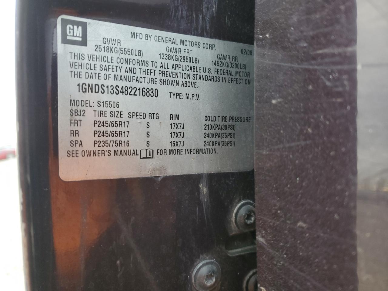 2008 Chevrolet TrailBlazer VIN 1GNDS13S482216830 Copart auction photo, all over damage thumbnail 12