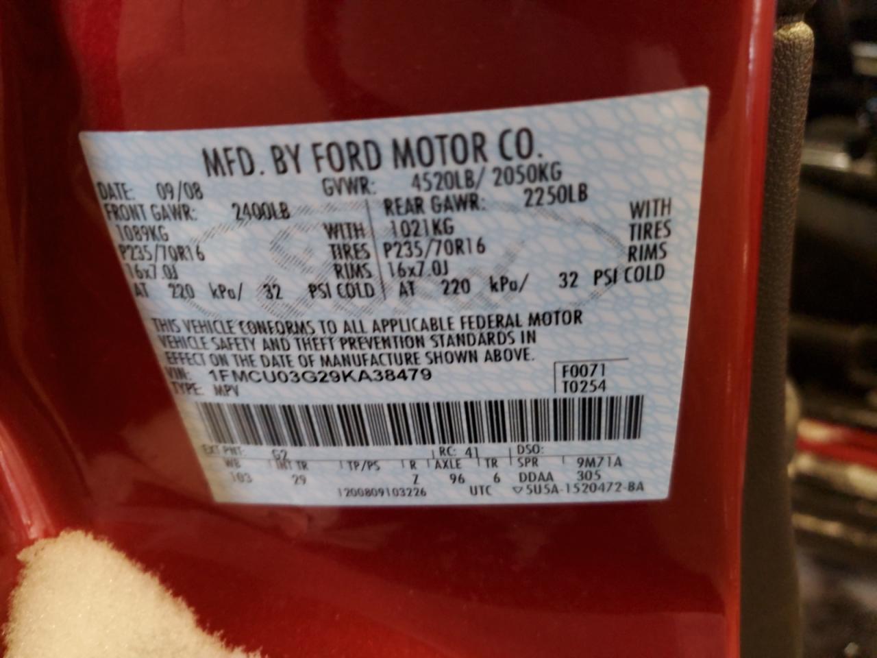 2009 Ford Escape VIN 1FMCU03G29KA38479 Copart auction photo, front end / rear end damage thumbnail 12