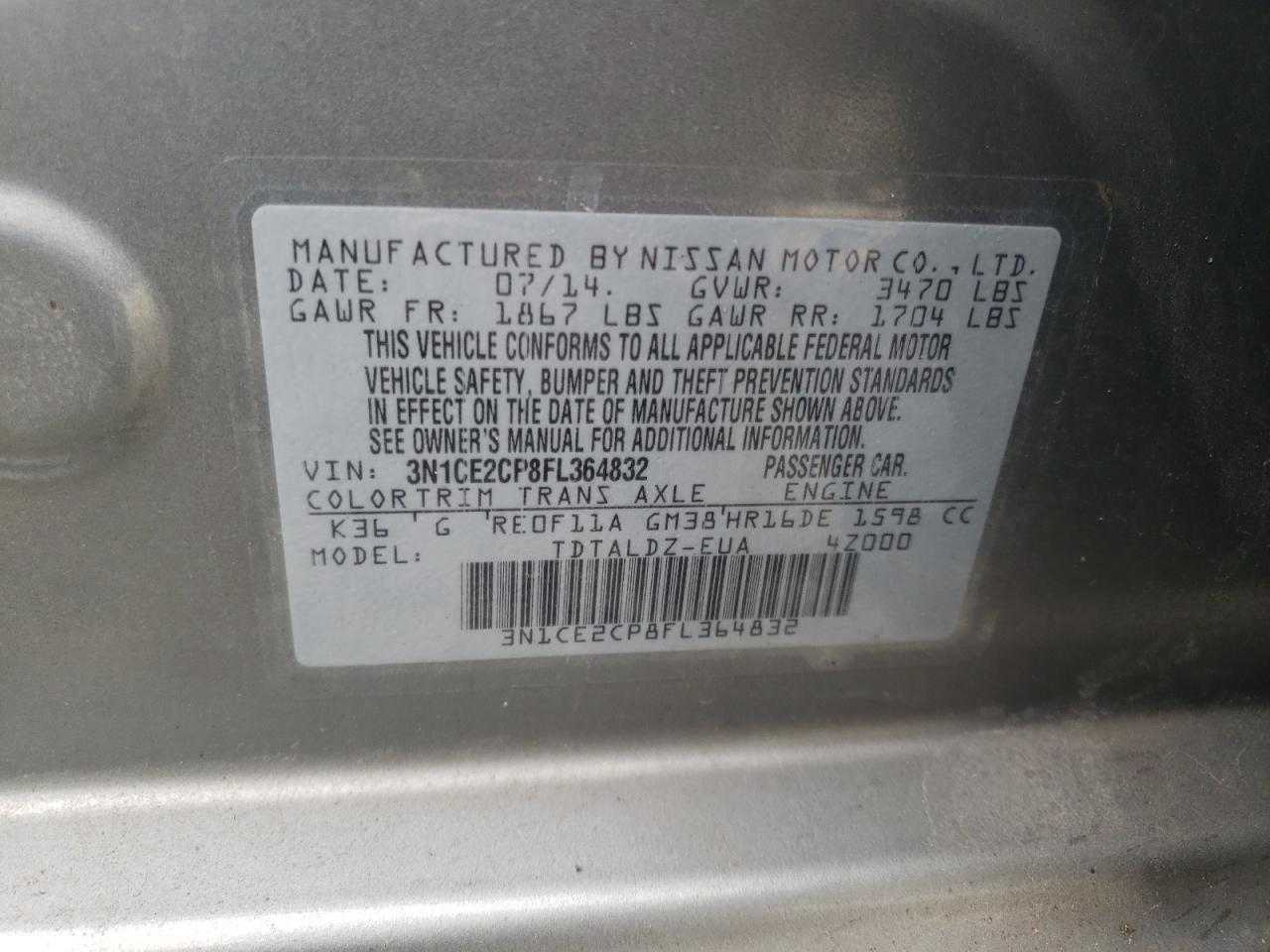 2015 Nissan Versa VIN 3N1CE2CP8FL364832 Copart auction photo, front end / side damage thumbnail 14