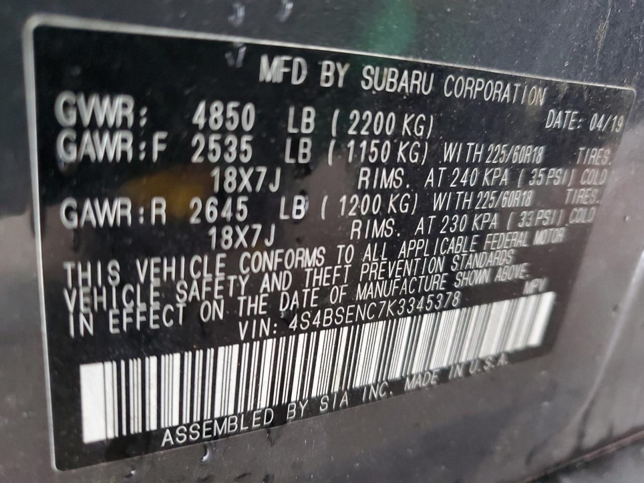 2019 Subaru Outback VIN 4S4BSENC7K3345378 Copart auction photo, front end damage thumbnail 15