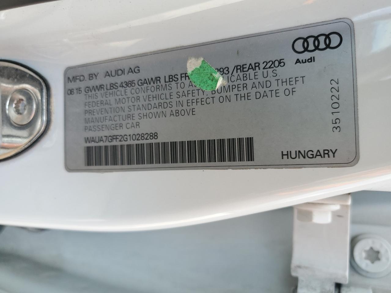 2016 Audi A3 VIN WAUA7GFF2G1028288 Copart auction photo, front end damage thumbnail 14