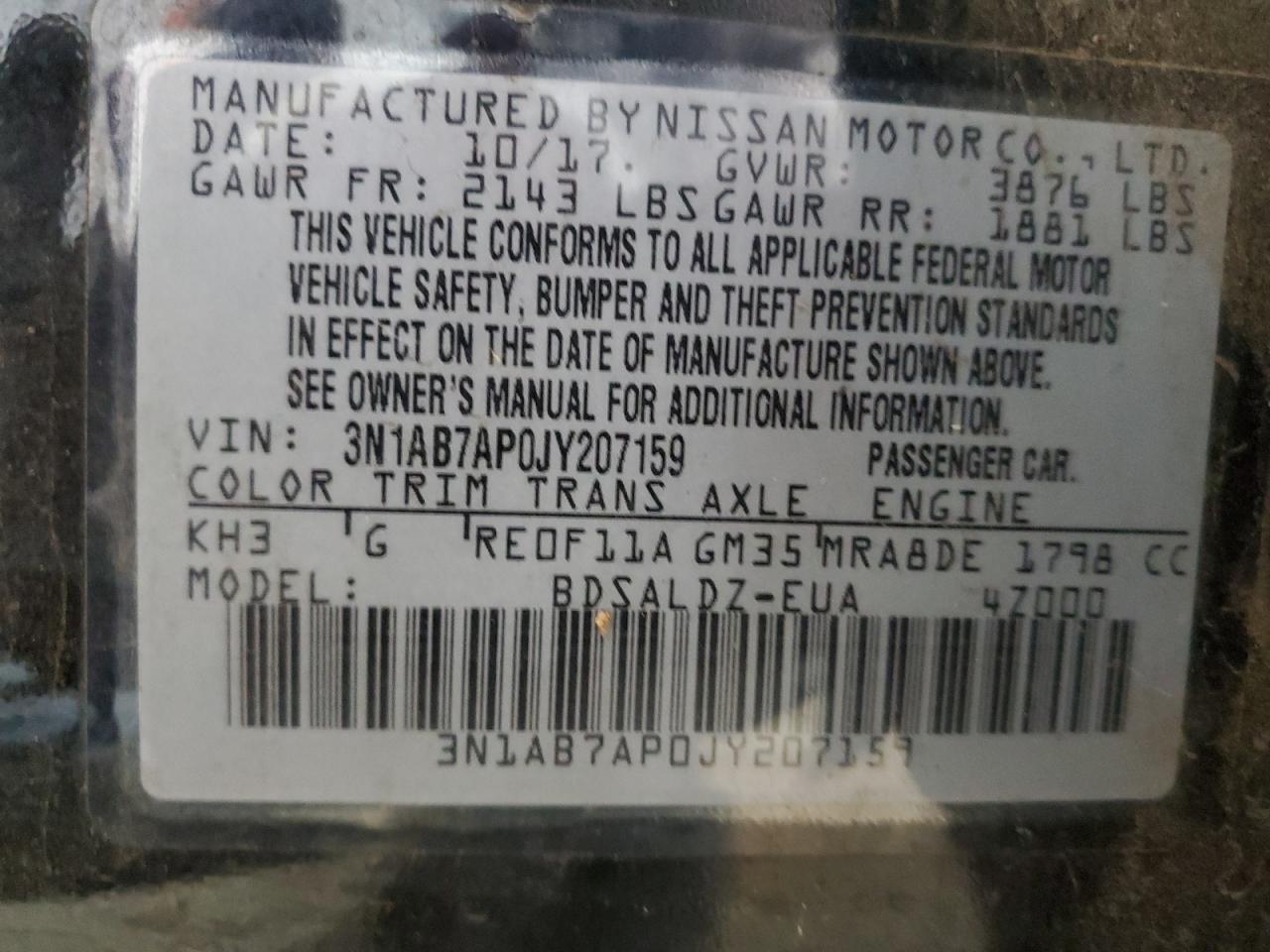 2018 Nissan Sentra VIN 3N1AB7AP0JY207159 Copart auction photo, front end / rear end damage thumbnail 13