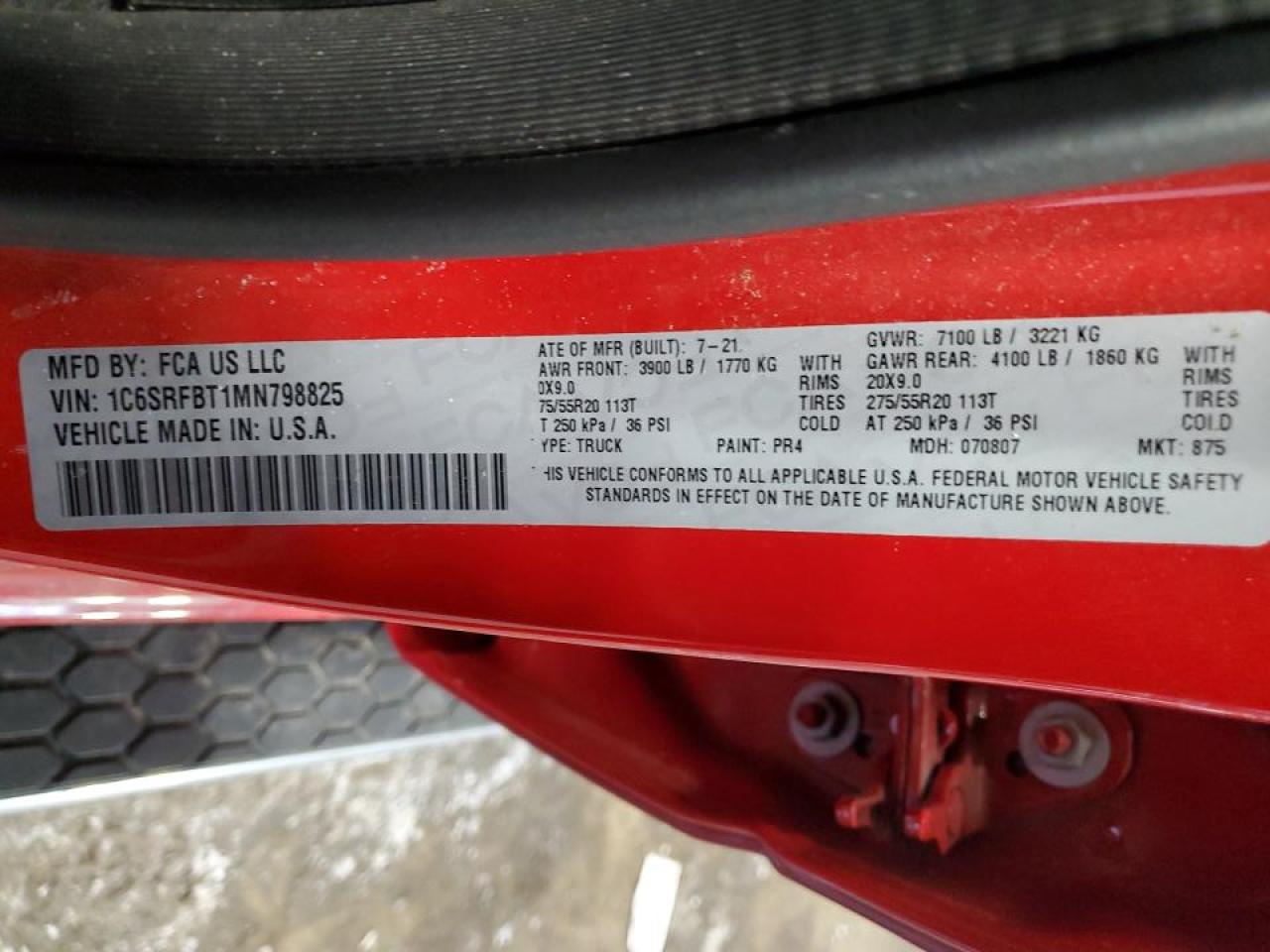 2021 RAM 1500 VIN 1C6SRFBT1MN798825 Copart auction photo, rear end / side damage thumbnail 14
