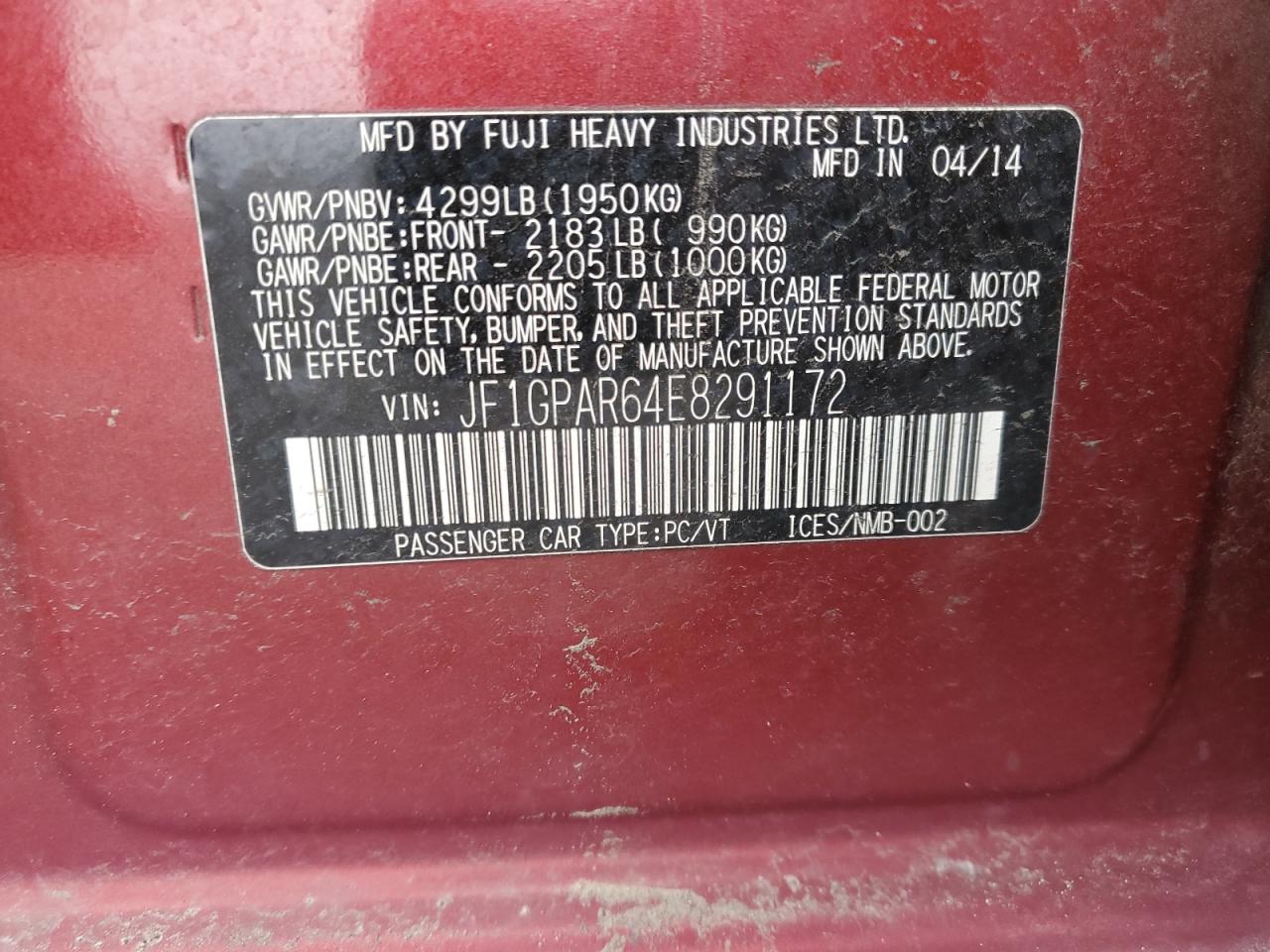 2014 Subaru Impreza VIN JF1GPAR64E8291172 Copart auction photo, rear end damage thumbnail 12