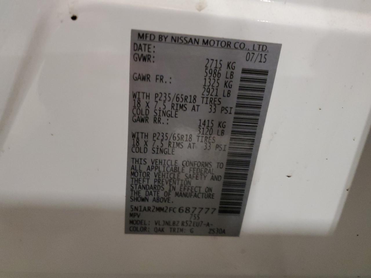 2015 Nissan Pathfinder VIN 5N1AR2MM2FC687777 Copart auction photo, front end / side damage thumbnail 15