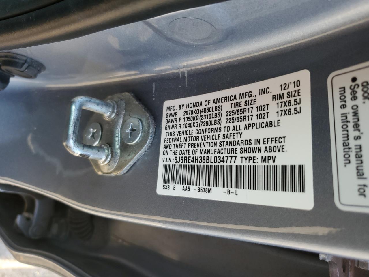 2011 Honda CR-V VIN 5J6RE4H38BL034777 Copart auction photo, front end / side damage thumbnail 15