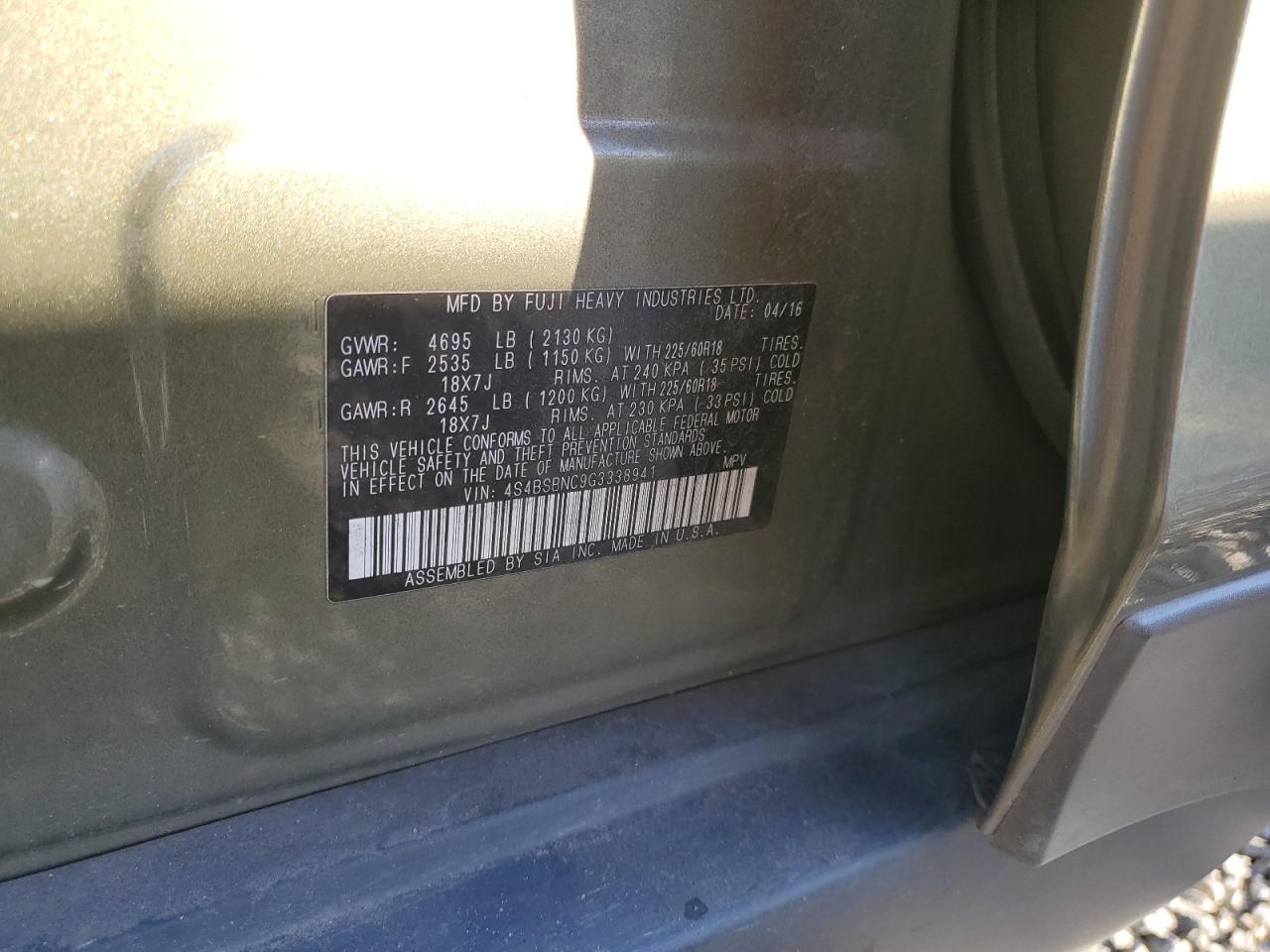 2016 Subaru Outback VIN 4S4BSBNC9G3338941 Copart auction photo, front end / side damage thumbnail 13