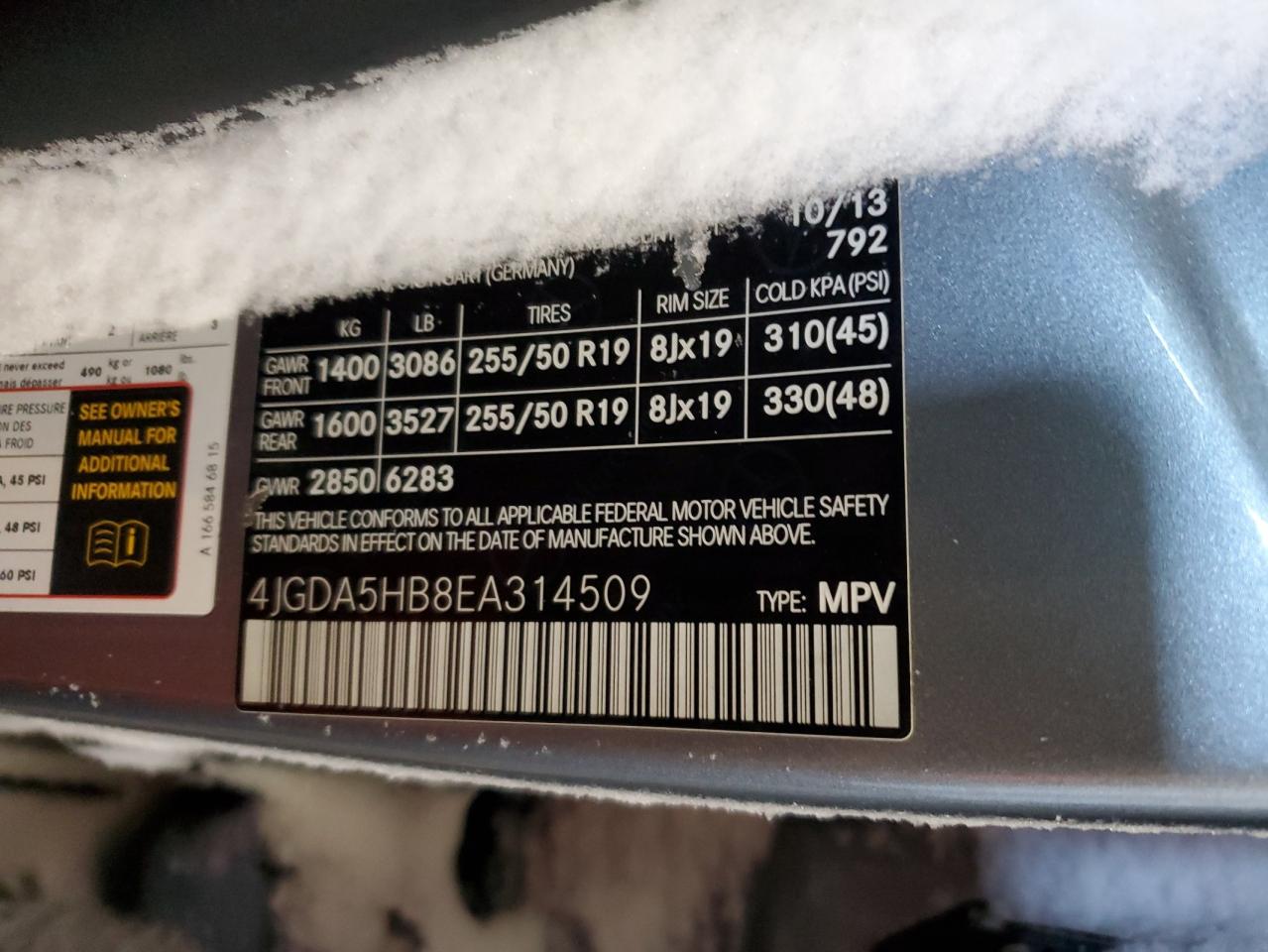 2014 Mercedes-Benz M-klasse VIN 4JGDA5HB8EA314509 Copart auction photo, front end damage thumbnail 15