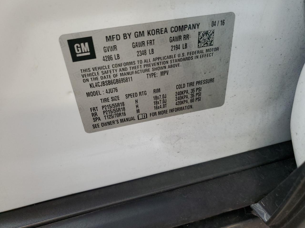 2016 Buick Encore VIN KL4CJBSB6GB695811 Copart auction photo, front end / all over damage thumbnail 15
