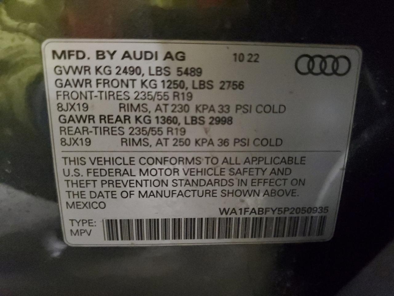 2023 Audi Q5 VIN WA1FABFY5P2050935 Copart auction photo, rear end / side damage thumbnail 14