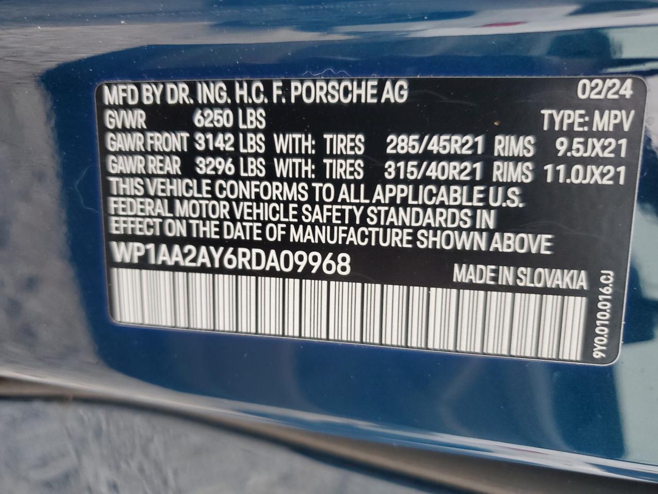 2024 Porsche Cayenne VIN WP1AA2AY6RDA09968 Copart auction photo, rear end damage thumbnail 13