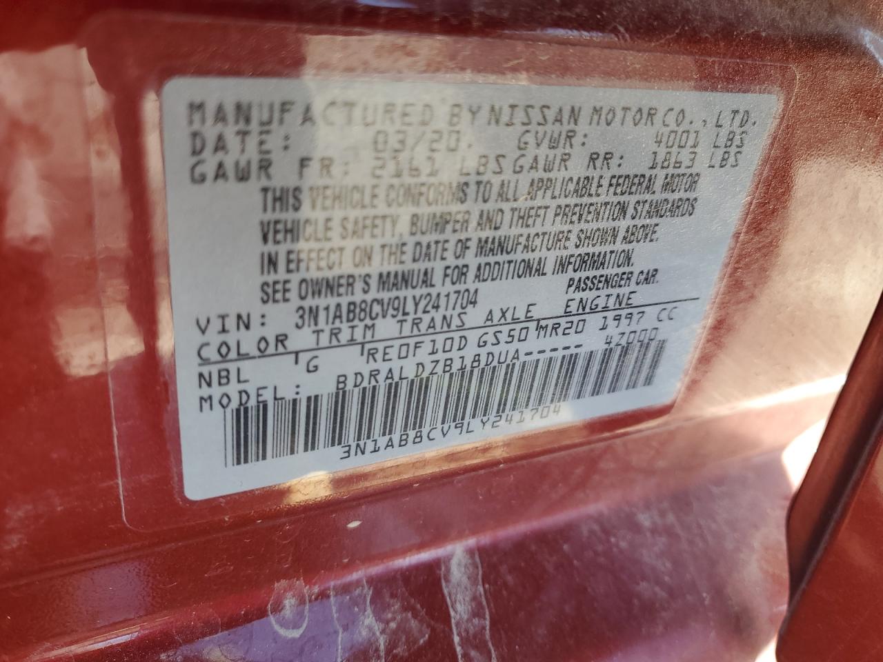 2020 Nissan Sentra VIN 3N1AB8CV9LY241704 Copart auction photo, side / undercarriage damage thumbnail 14