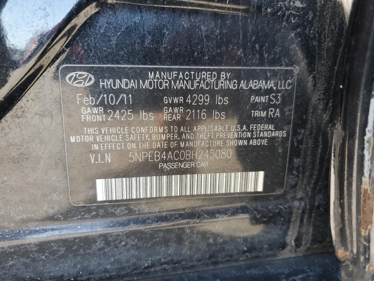 2011 Hyundai Sonata VIN 5NPEB4AC0BH245080 Copart auction photo, rear end / minor dent/scratches damage thumbnail 12