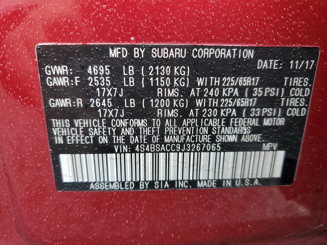 2018 Subaru Outback VIN 4S4BSACC9J3267065 Copart auction photo, side damage thumbnail 14