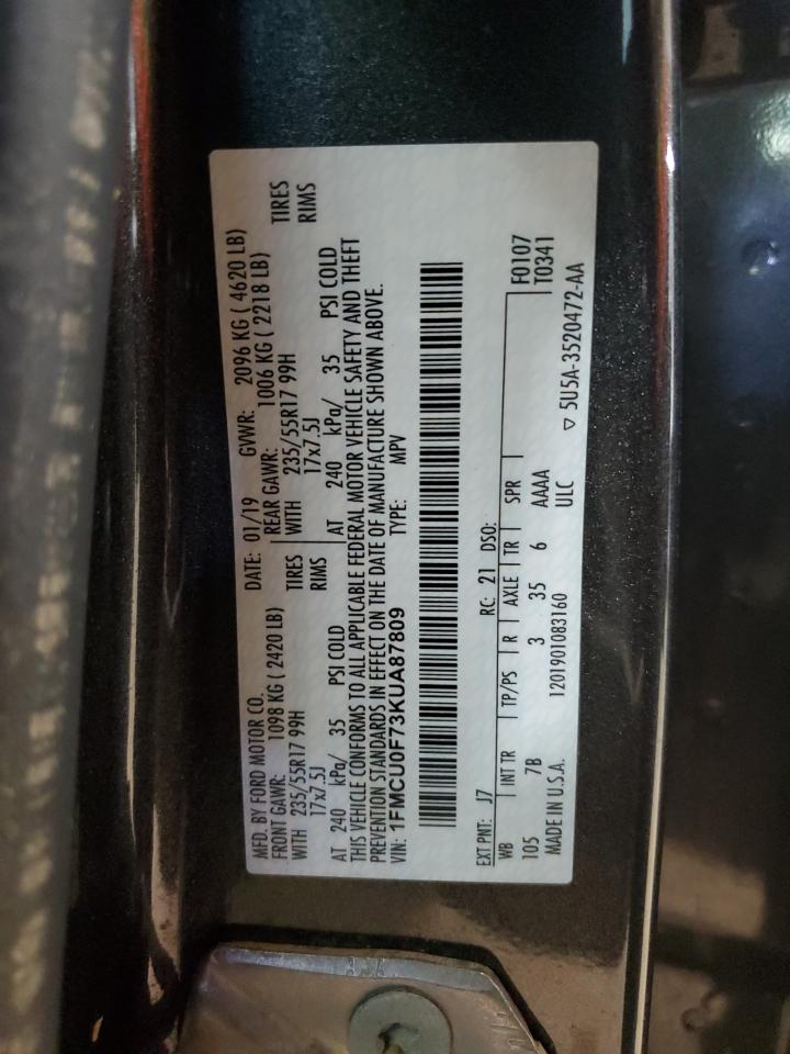 2019 Ford Escape VIN 1FMCU0F73KUA87809 Copart auction photo, water/flood / minor dent/scratches damage thumbnail 13