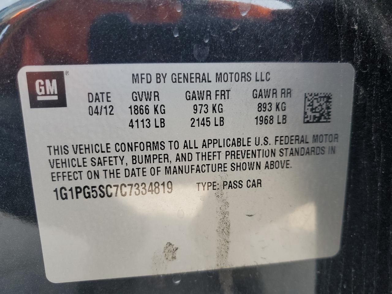 2012 Chevrolet Cruze VIN 1G1PG5SC7C7334819 Copart auction photo, front end / minor dent/scratches damage thumbnail 12
