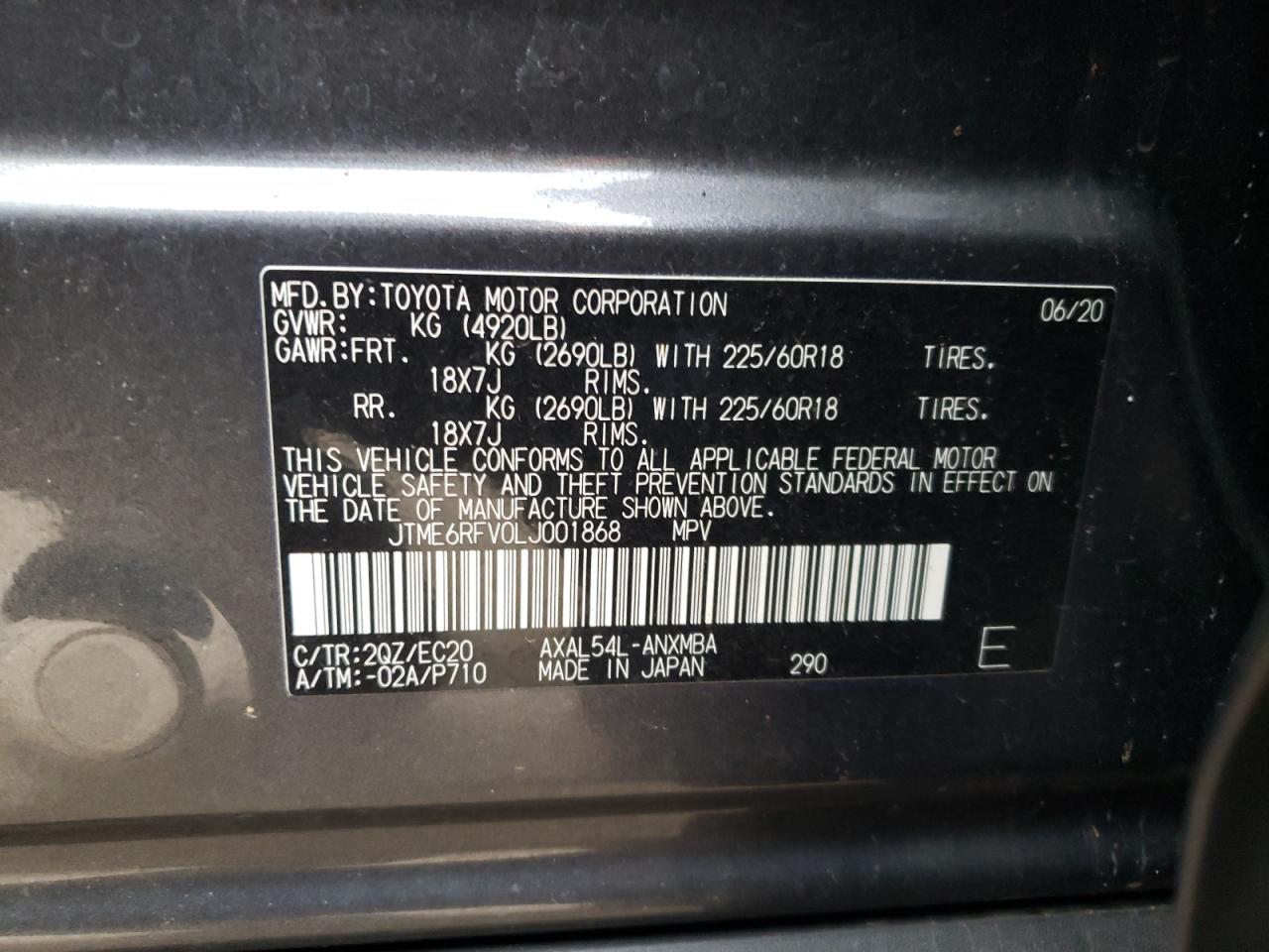 2020 Toyota RAV 4 VIN JTME6RFV0LJ001868 Copart auction photo, all over / undercarriage damage thumbnail 13
