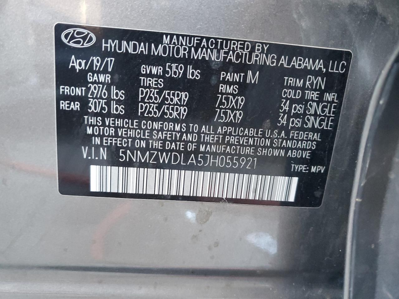 2018 Hyundai Santa Fe VIN 5NMZWDLA5JH055921 Copart auction photo, front end damage thumbnail 13