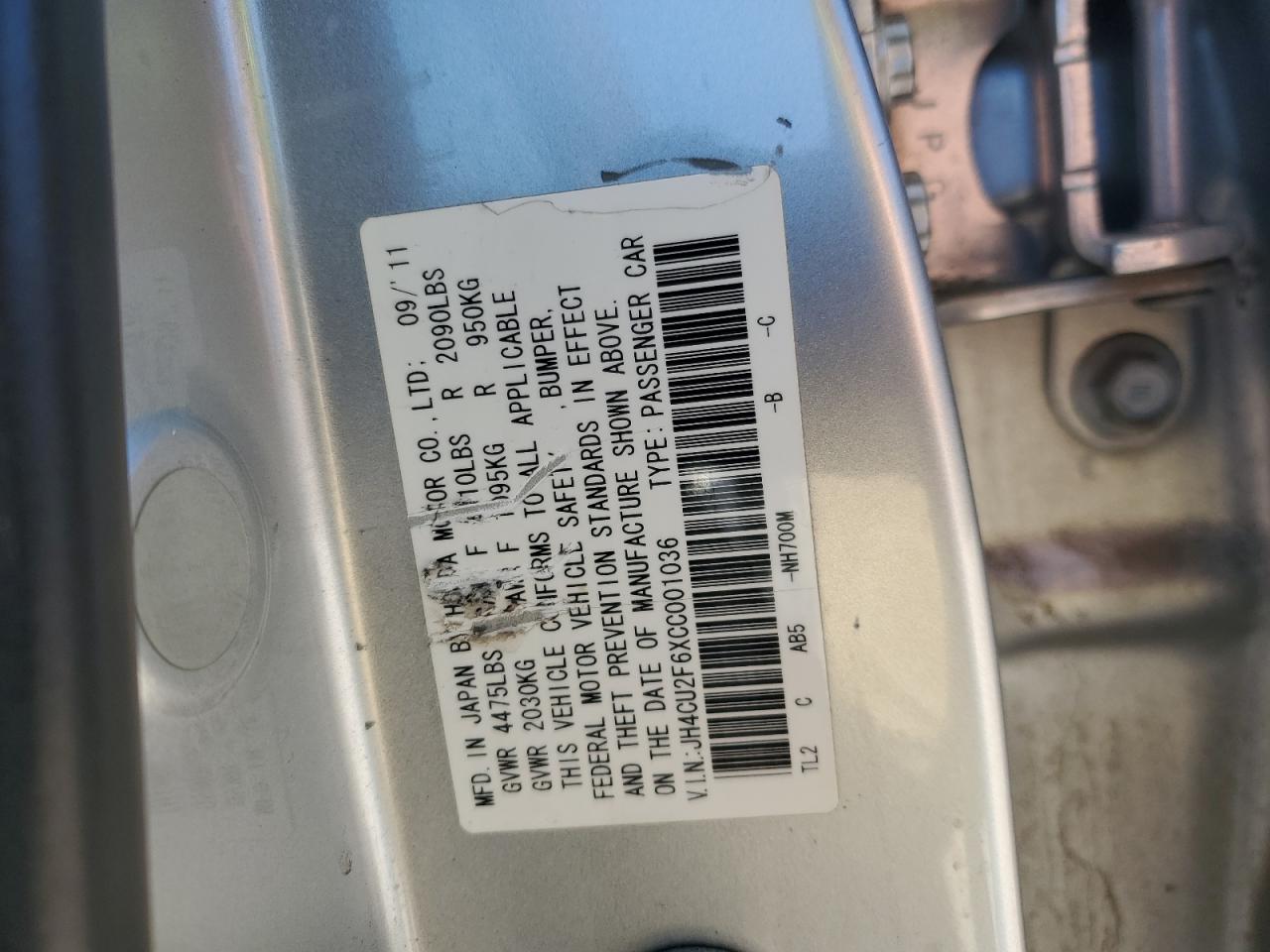 2012 Acura TSX VIN JH4CU2F6XCC001036 Copart auction photo, hail / minor dent/scratches damage thumbnail 12