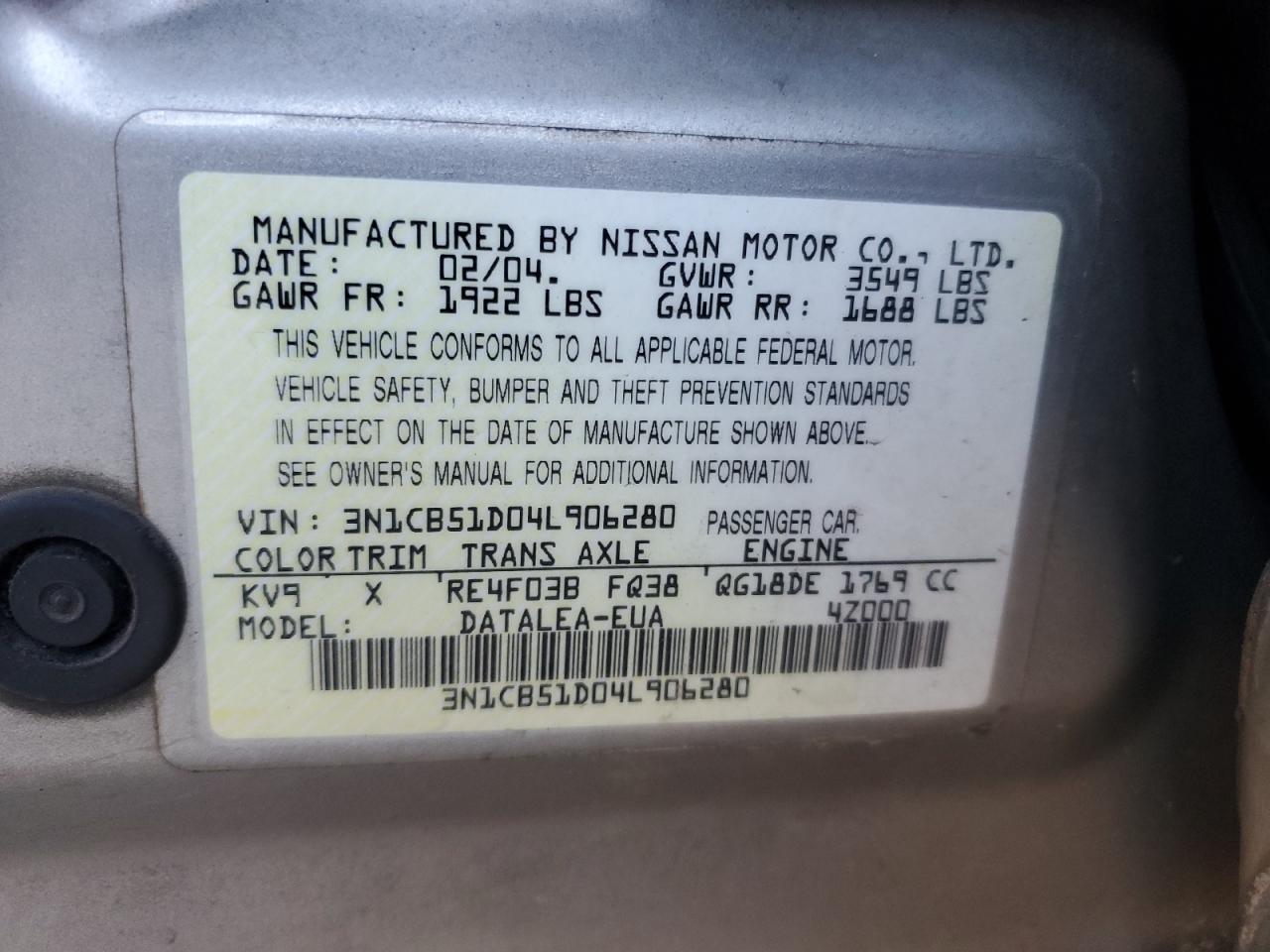 2004 Nissan Sentra VIN 3N1CB51D04L906280 Copart auction photo, front end / rear end damage thumbnail 14