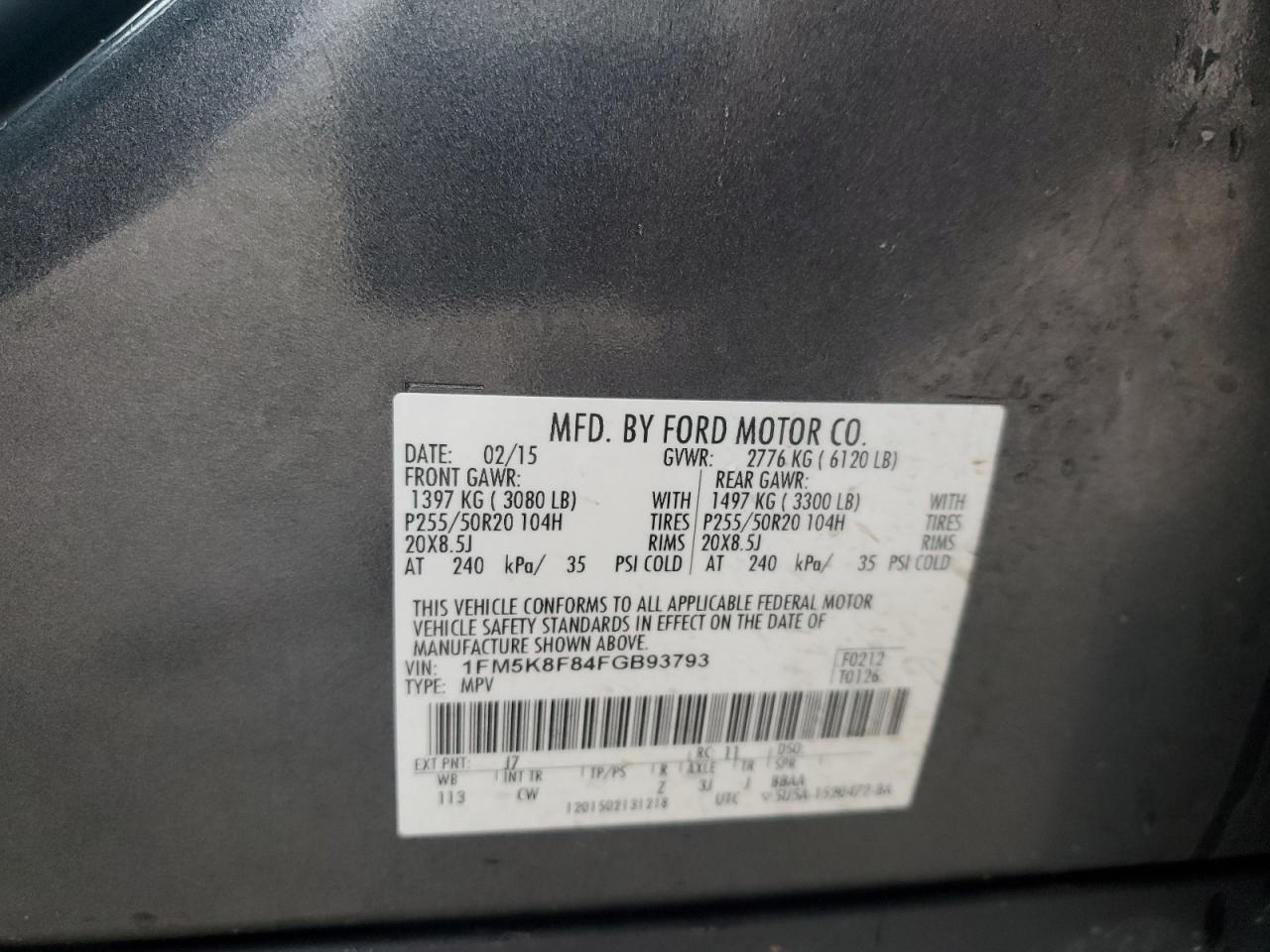 2015 Ford Explorer VIN 1FM5K8F84FGB93793 Copart auction photo, front end damage thumbnail 16