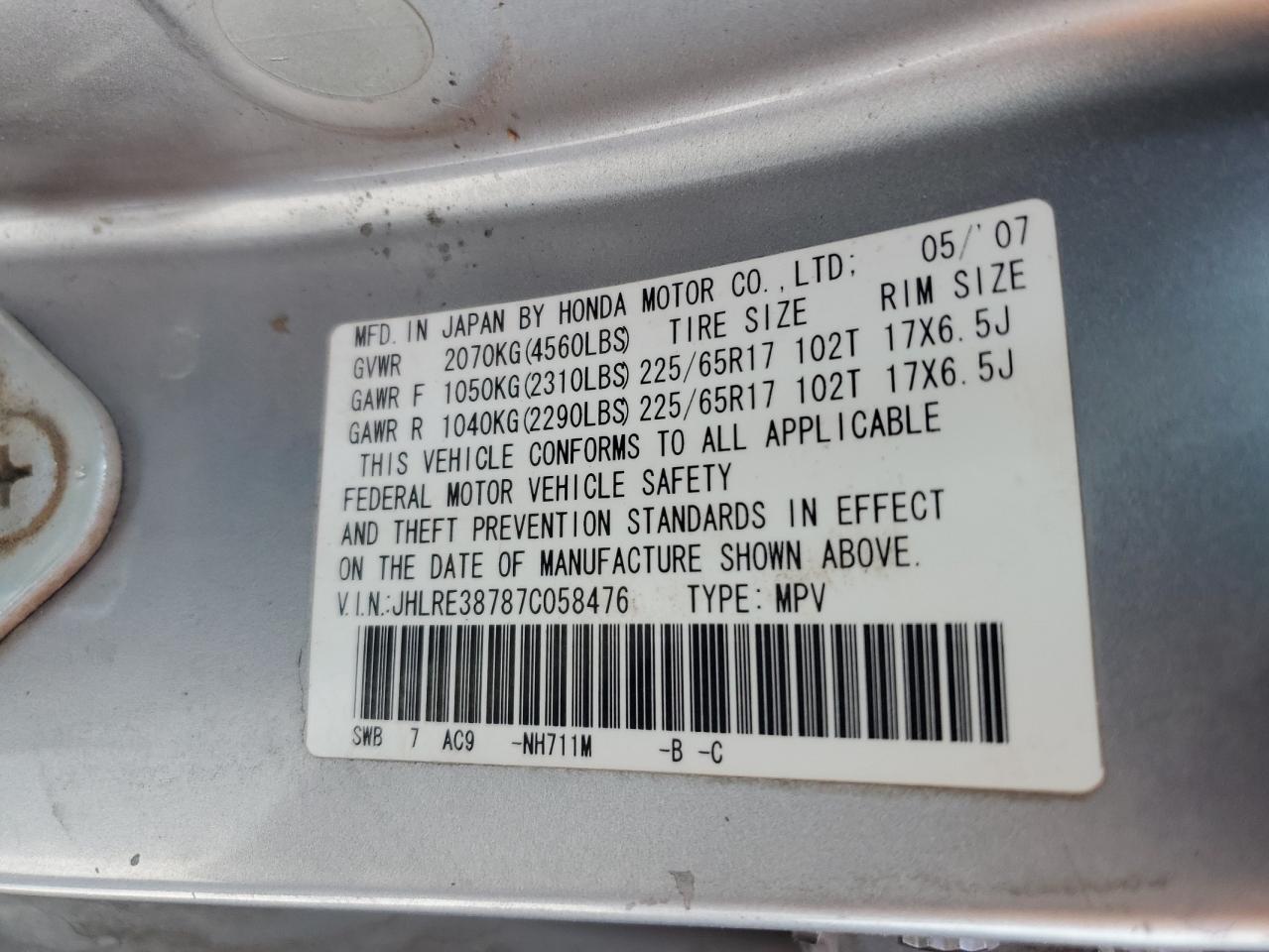 2007 Honda CR-V VIN JHLRE38787C058476 Copart auction photo, front end damage thumbnail 13