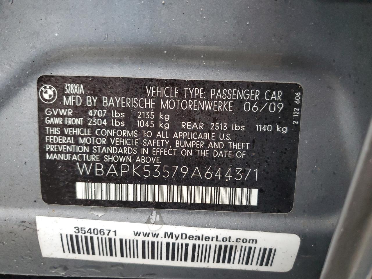 2009 BMW 3er VIN WBAPK53579A644371 Copart auction photo, side damage thumbnail 12