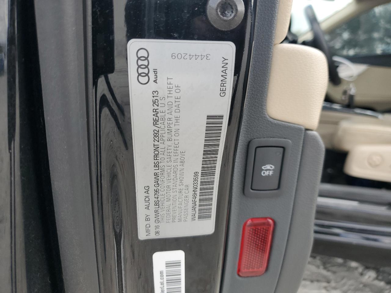 2017 Audi A4 VIN WAUANAF46HN033599 Copart auction photo, water/flood damage thumbnail 13